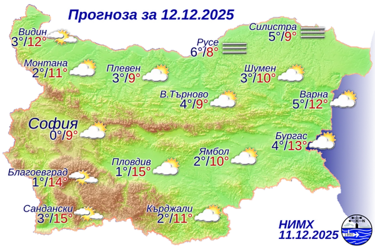 Времето на 12 декември 2025 г.