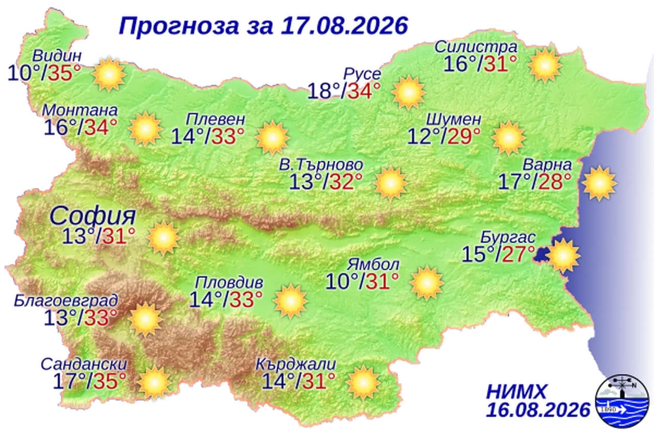 Времето на 17 август 2026 г
