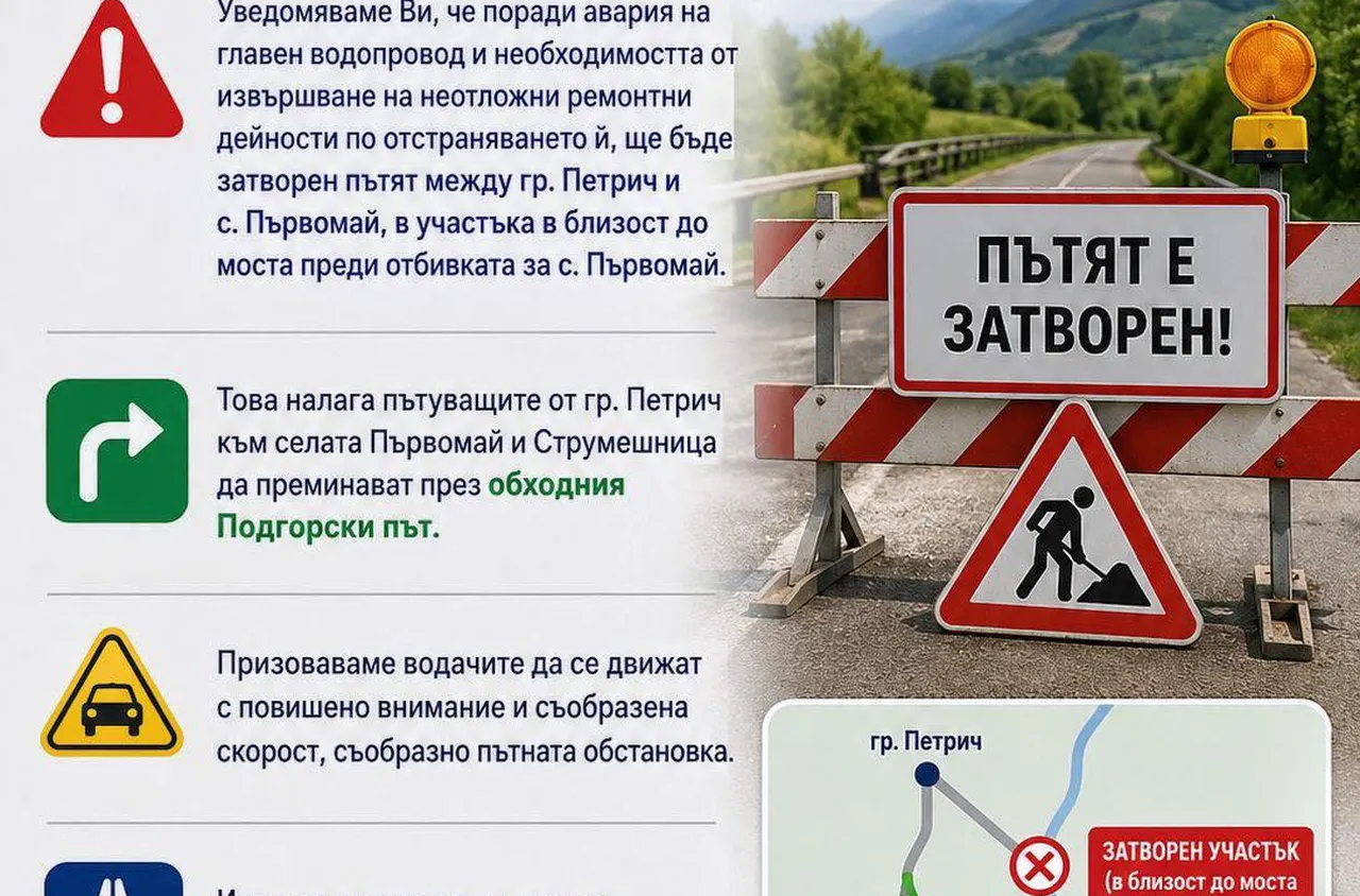Затварят пътят между Петрич и с. Първомай