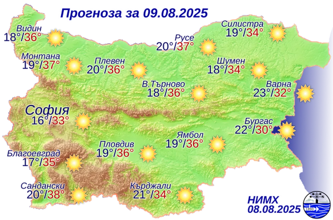 Времето на 9 август 2025 г.