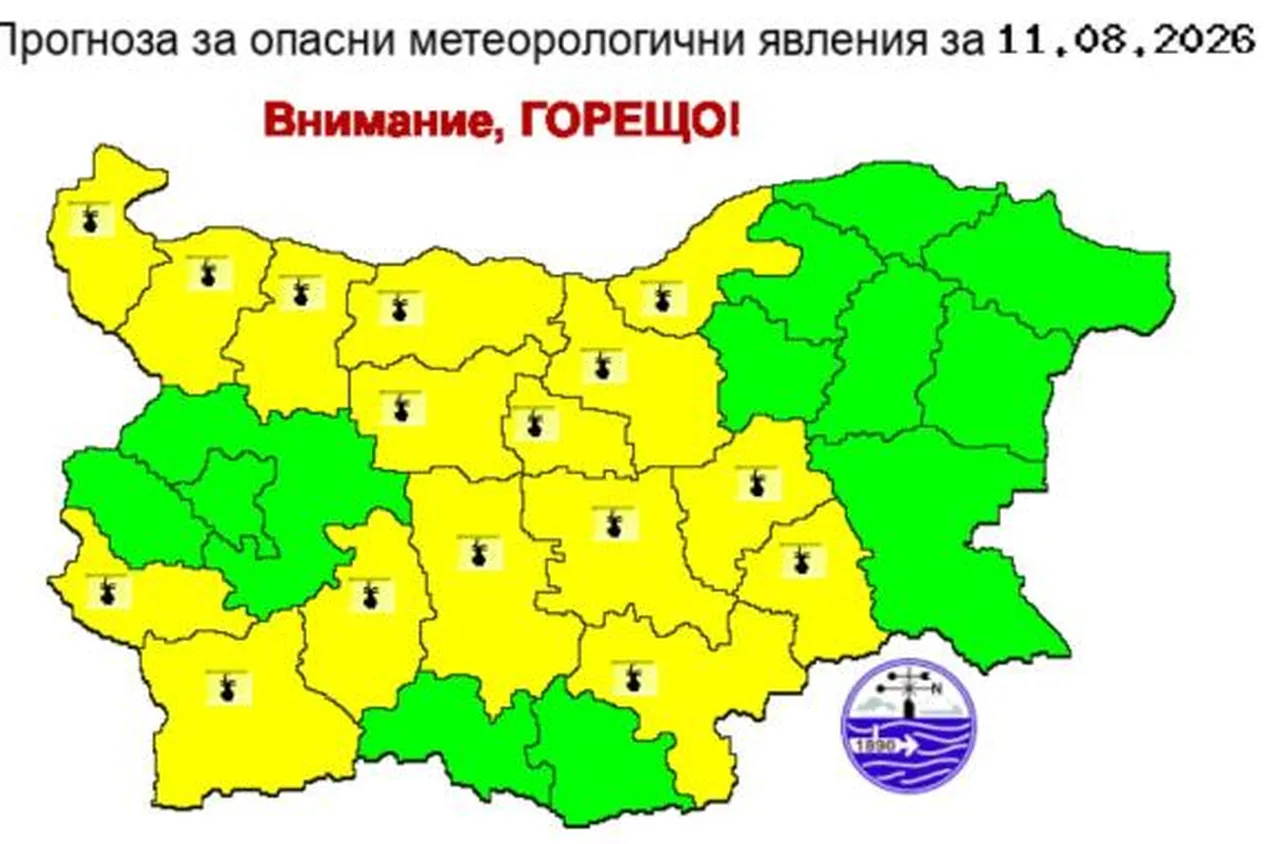 Жълт код за опасни горещини в 16 области
