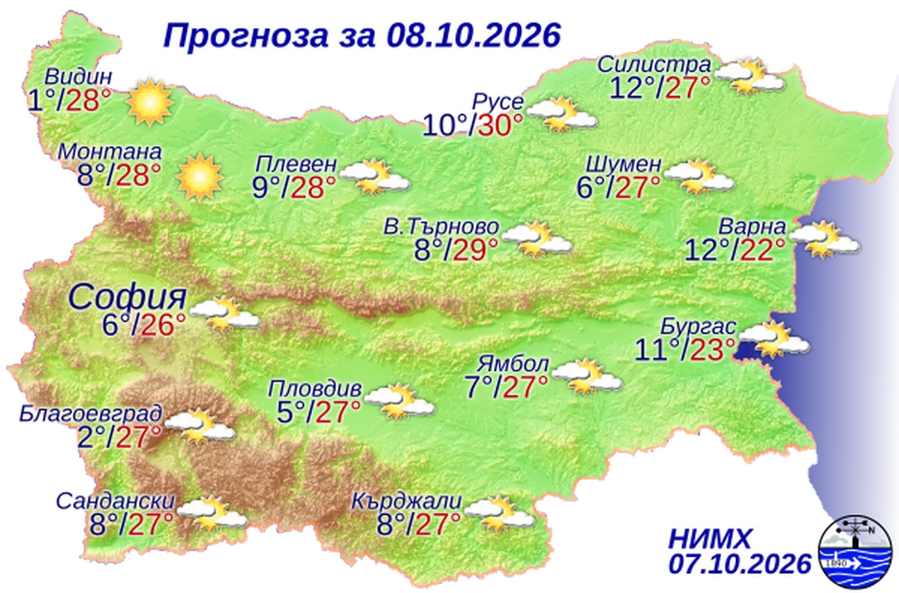 Времето на 8 октомври 2026 г